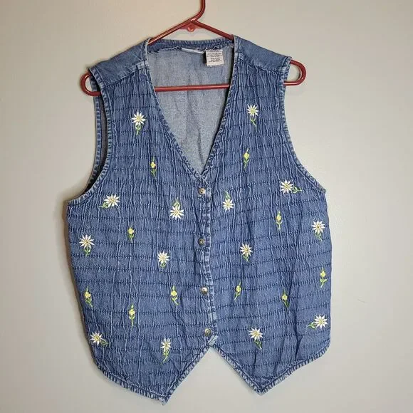 90s Bobbie Brooks Denim Floral Embroidered Vest Lagenlook Cottagecore Size L - Picture 2 of 12